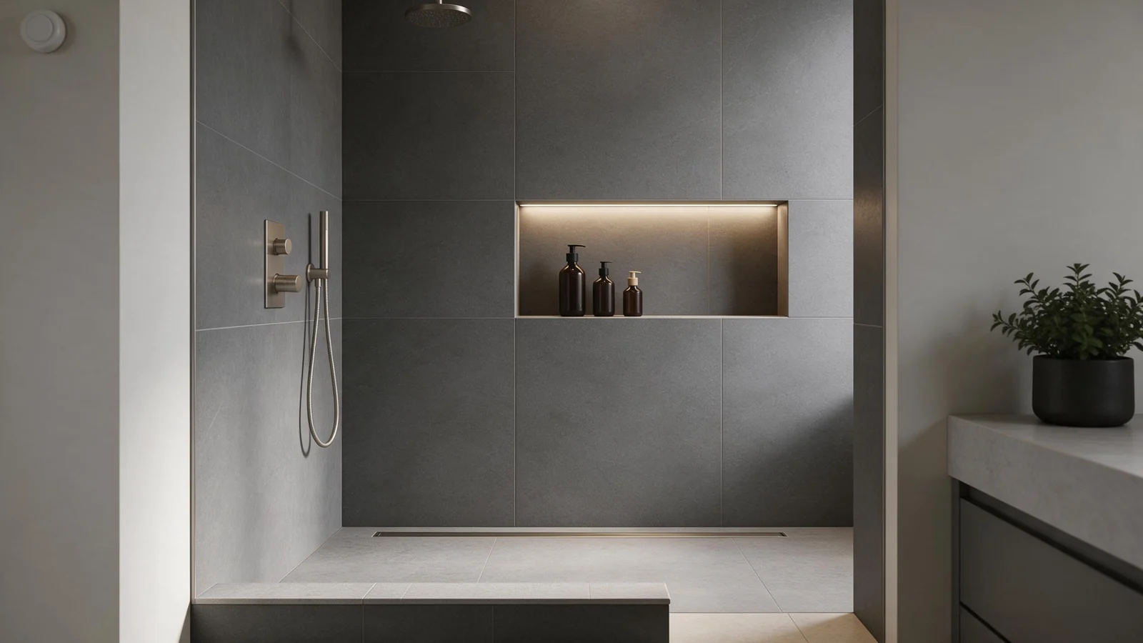 Illustrative render (AI-generated): shower niche