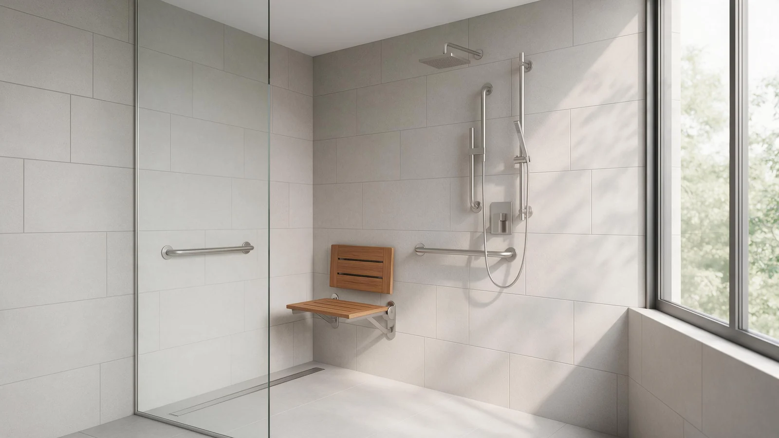 Illustrative render (AI-generated): shower seat manufacturer