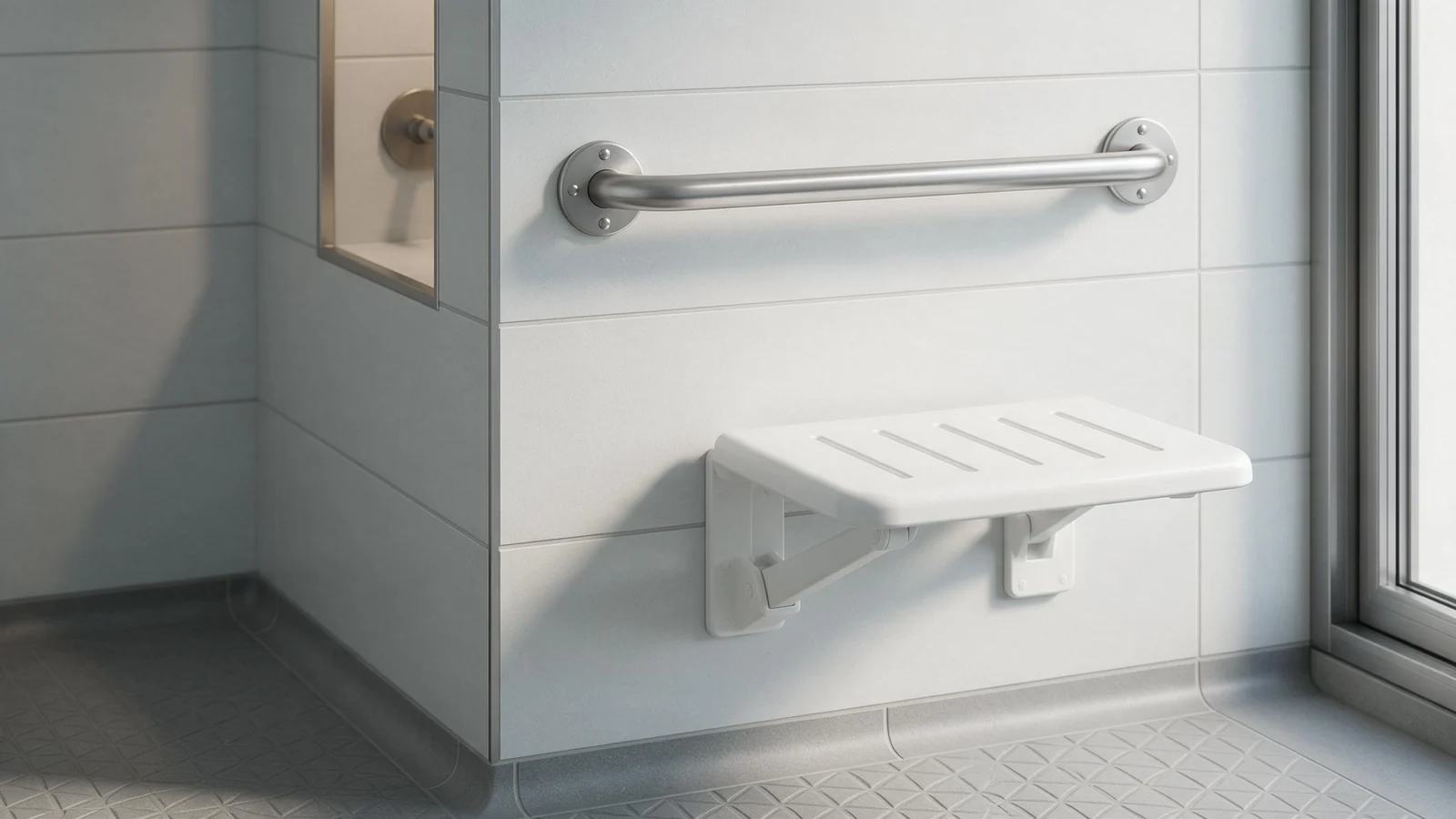 Illustrative render (AI-generated): shower seat manufacturer