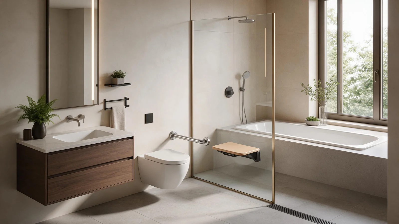 Illustrative render (AI-generated): shower seat manufacturer