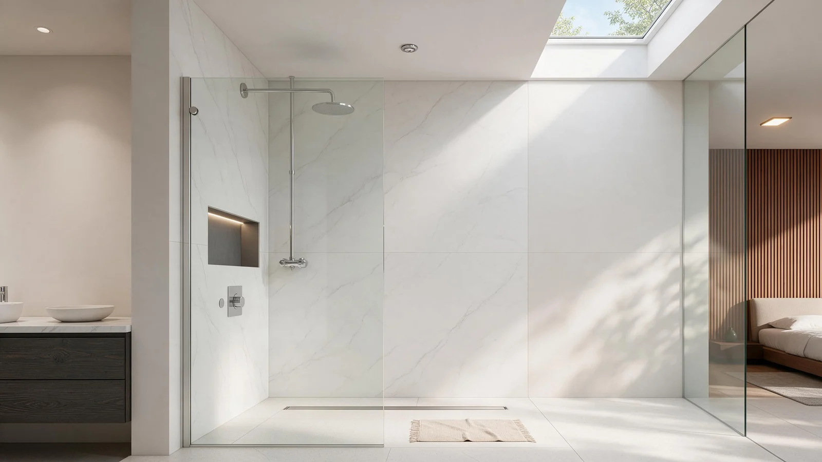Illustrative render (AI-generated): shower wall panels manufacturer