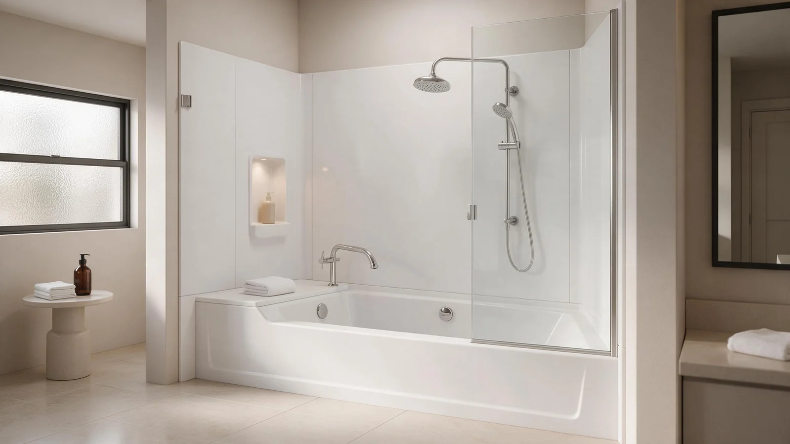 Illustrative render (AI-generated): shower wall panels manufacturer